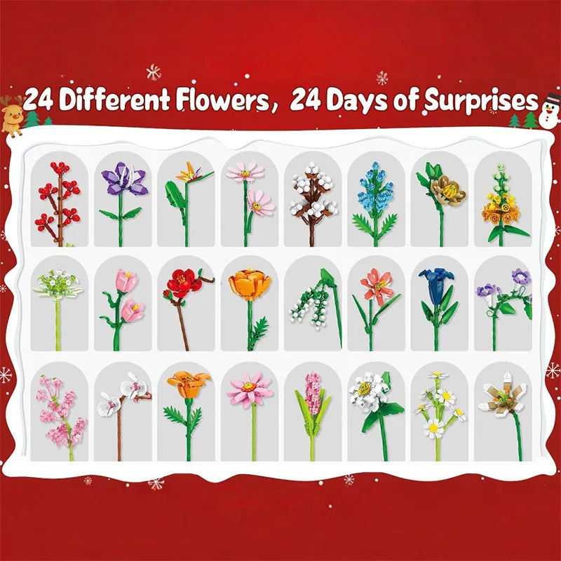 2025 Christmas Countdown Bouquet Building Blocks 24 Days Advent Calendar Surprise Blind Box for Kids Adults Holiday DIY Gifts