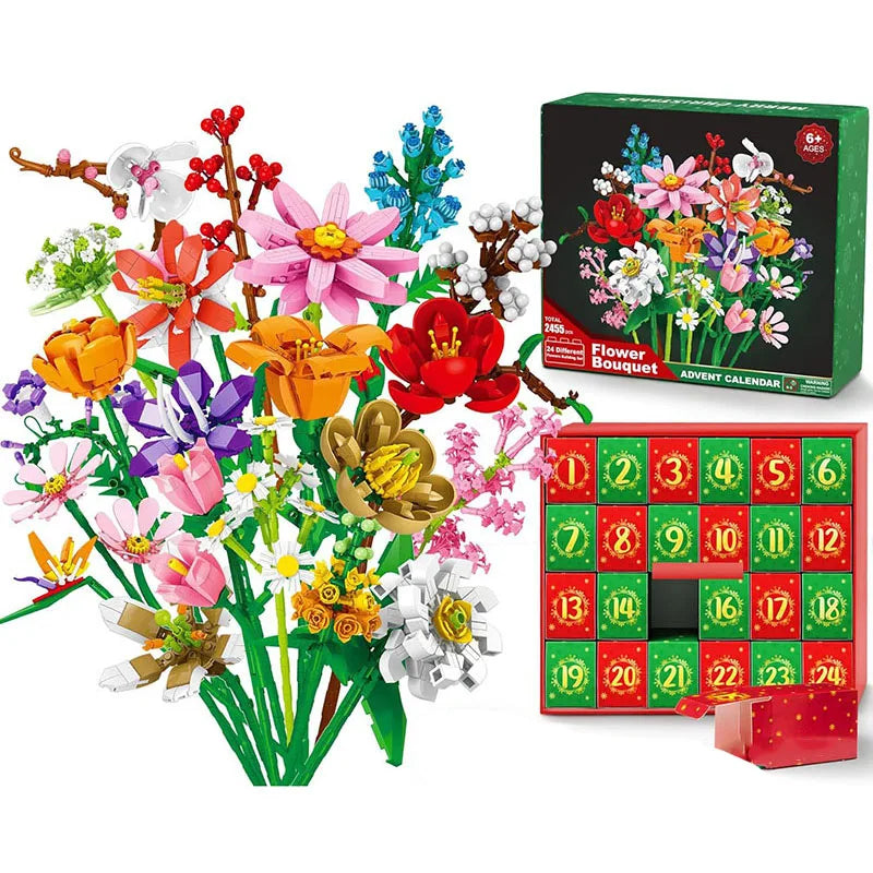 2025 Christmas Countdown Bouquet Building Blocks 24 Days Advent Calendar Surprise Blind Box for Kids Adults Holiday DIY Gifts