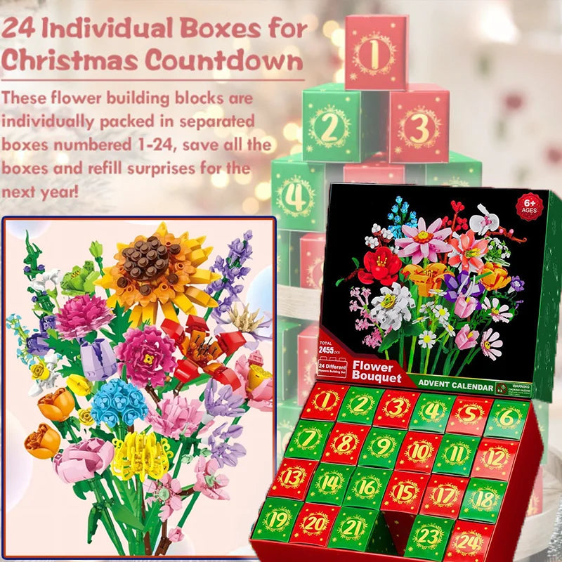 2025 Christmas Countdown Bouquet Building Blocks 24 Days Advent Calendar Surprise Blind Box for Kids Adults Holiday DIY Gifts