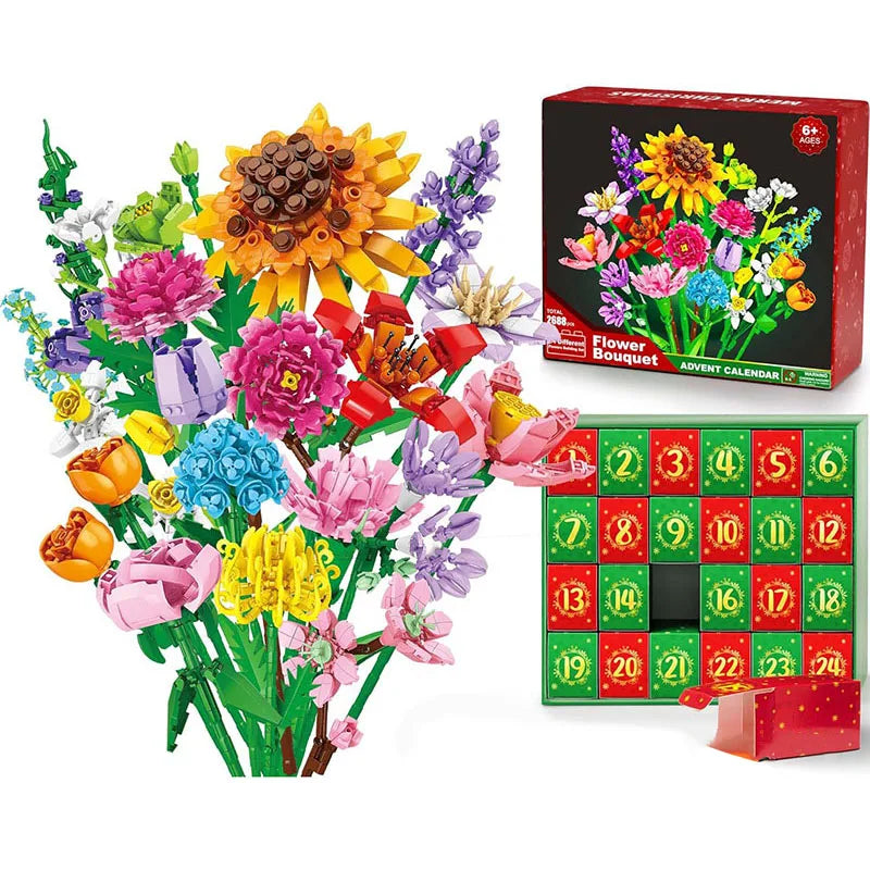2025 Christmas Countdown Bouquet Building Blocks 24 Days Advent Calendar Surprise Blind Box for Kids Adults Holiday DIY Gifts